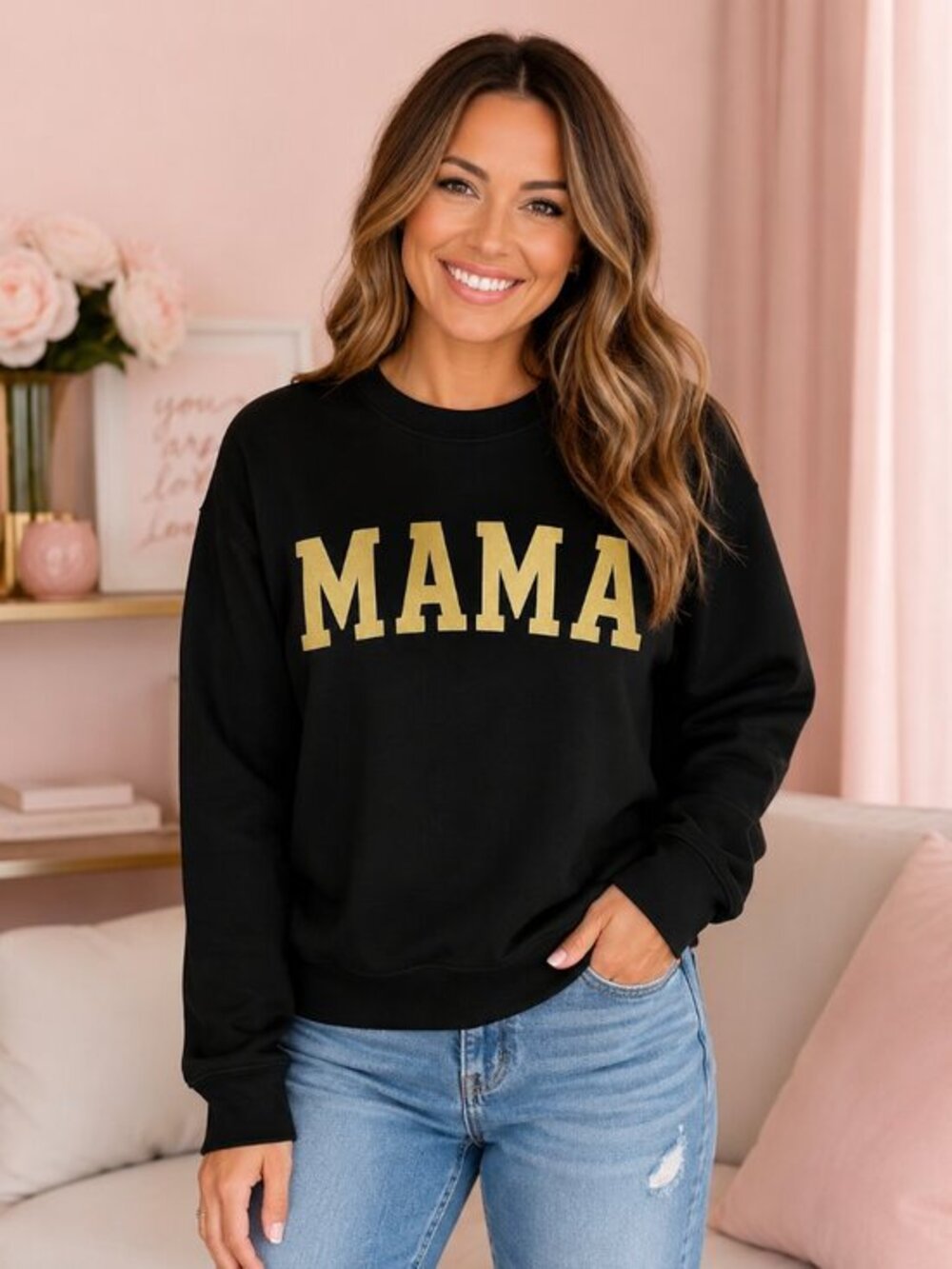 Black MAMA Gold Glitter Crewneck Sweatshirt NWT Large